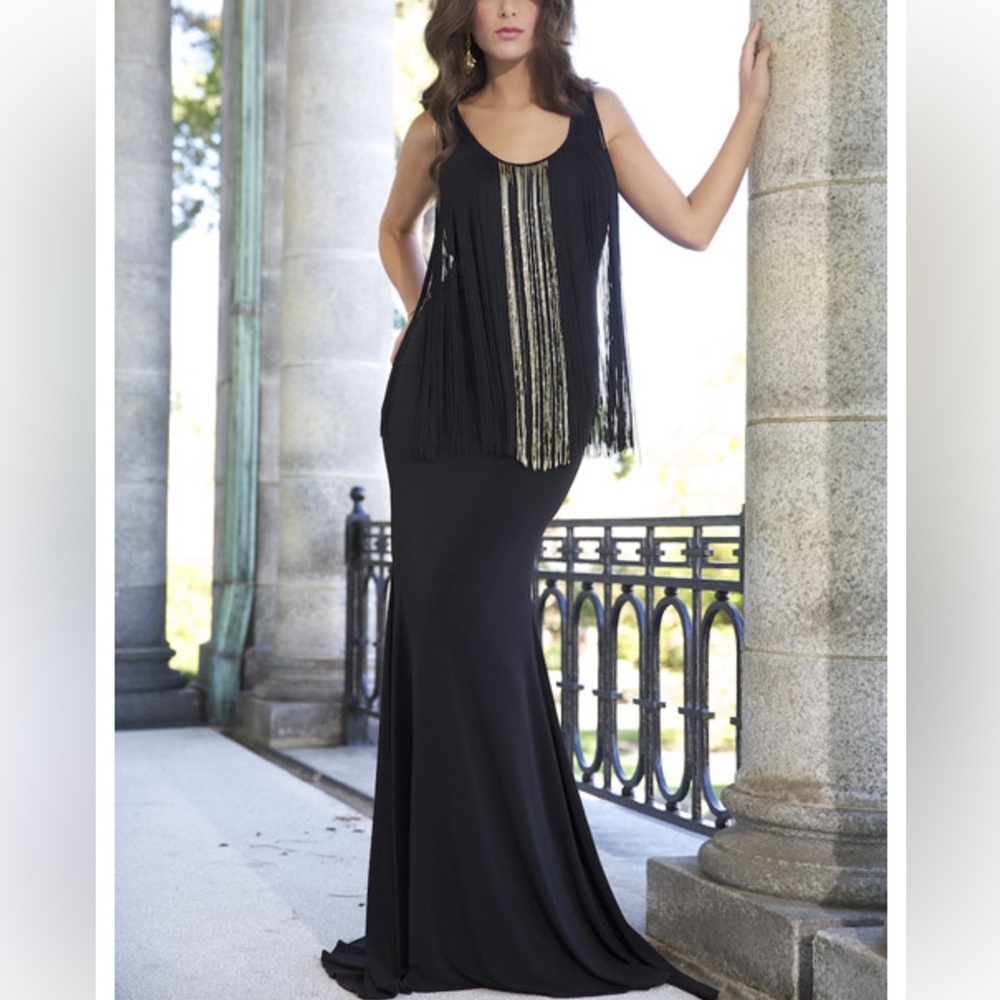 Jovani Sleeveless Floor-Length Jersey Dress with Black & Gold Fringe
